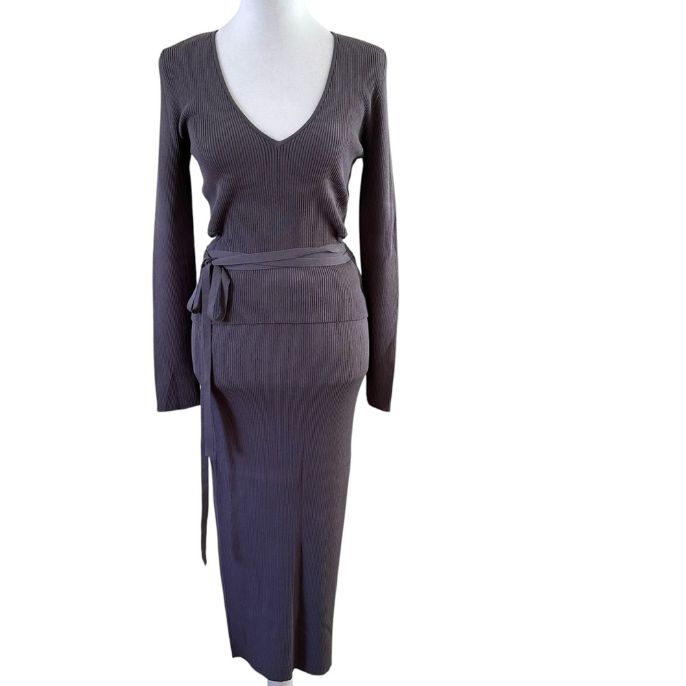 Zara Gray Ribbed Knit 2 Piece Skirt & Top Set With Side Opening & Tie Size NWOT - Picture 5 of 10